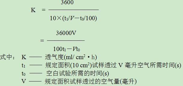 记下5～10min内透过空气的量(观察记录水位下降的体积)结果可按下式计算